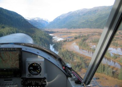 Looking forward out front window of N754 in Berner's River Valley, Berner's Bay, Alaska, 2003. Photo by Bruce Conant, USFWS